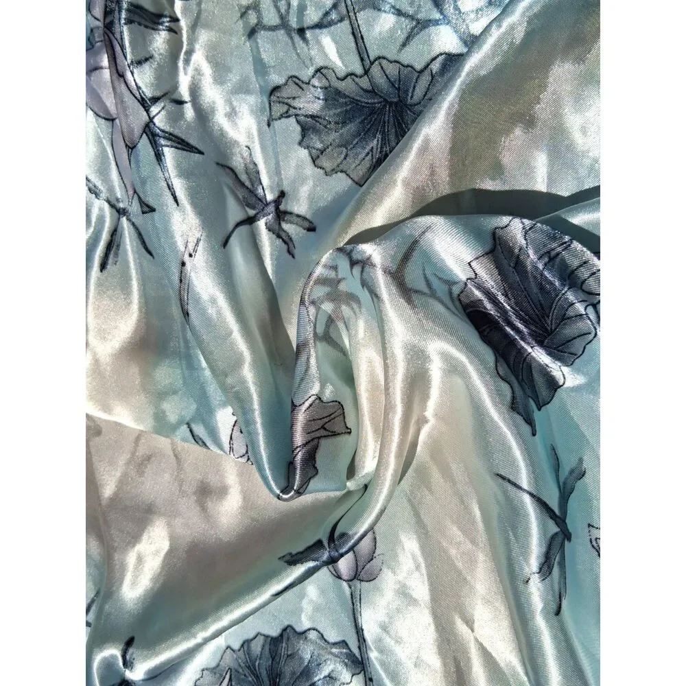 Vintage Inspired Blue Floral Satin Square Scarf Silk Feel Neckerchief